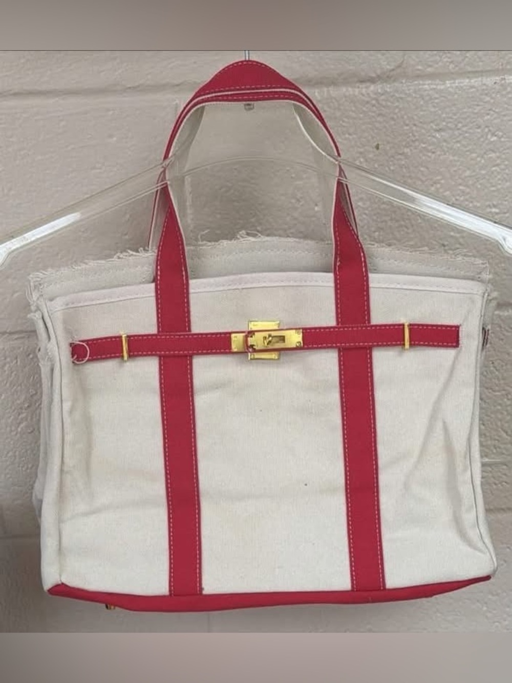 Canvas Tote Bag with Pink Trim and Gold Hardware - Approx 12”x15”
